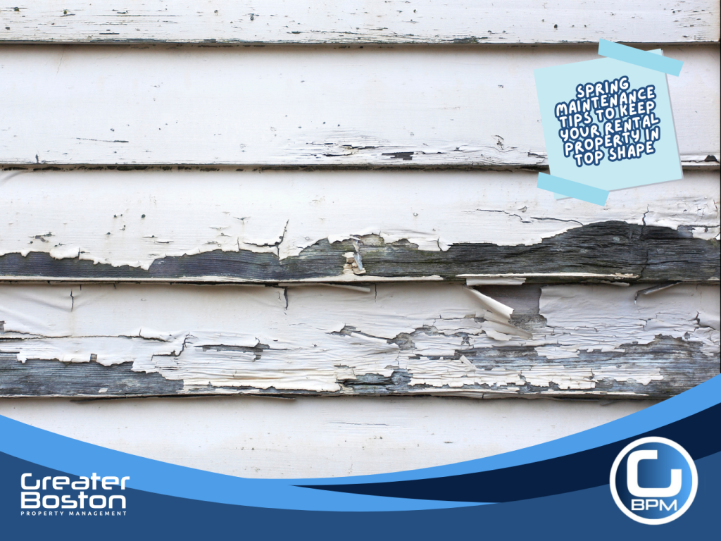 Peeling exterior house paint indicating need for spring maintenance
