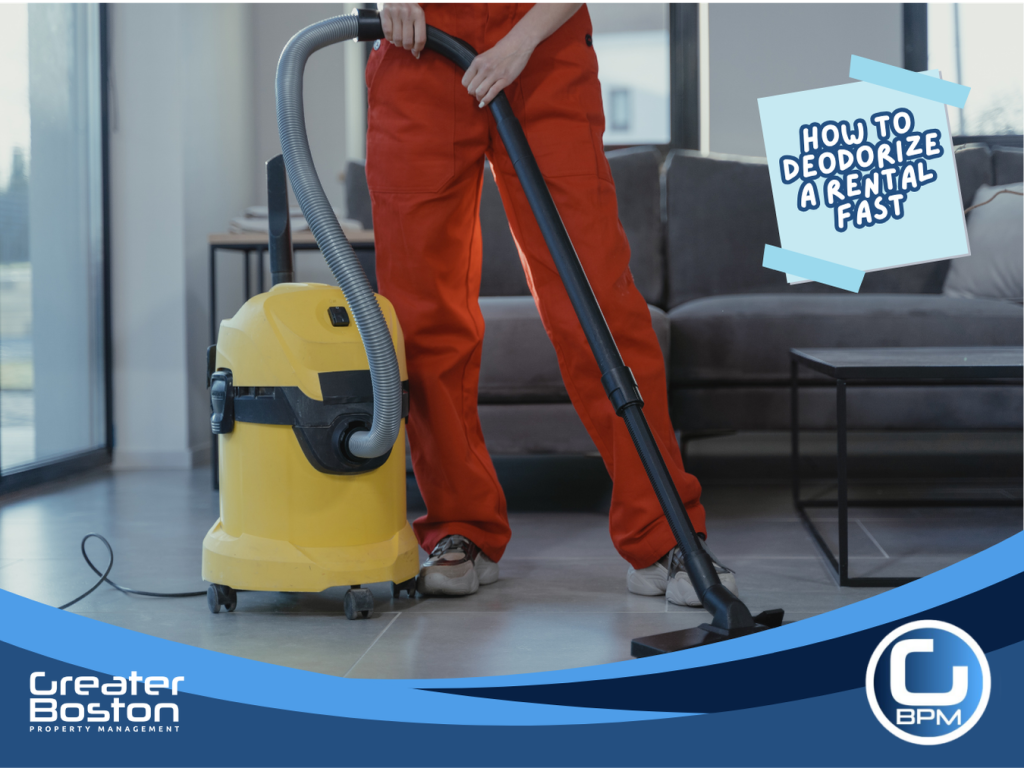 Professional cleaner vacuuming rental apartment to remove pet odors and freshen the air quickly