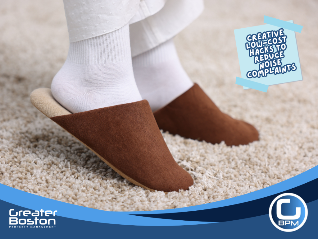 Feet in socks walking on a soft carpet rug, helping reduce noise in an apartment setting.