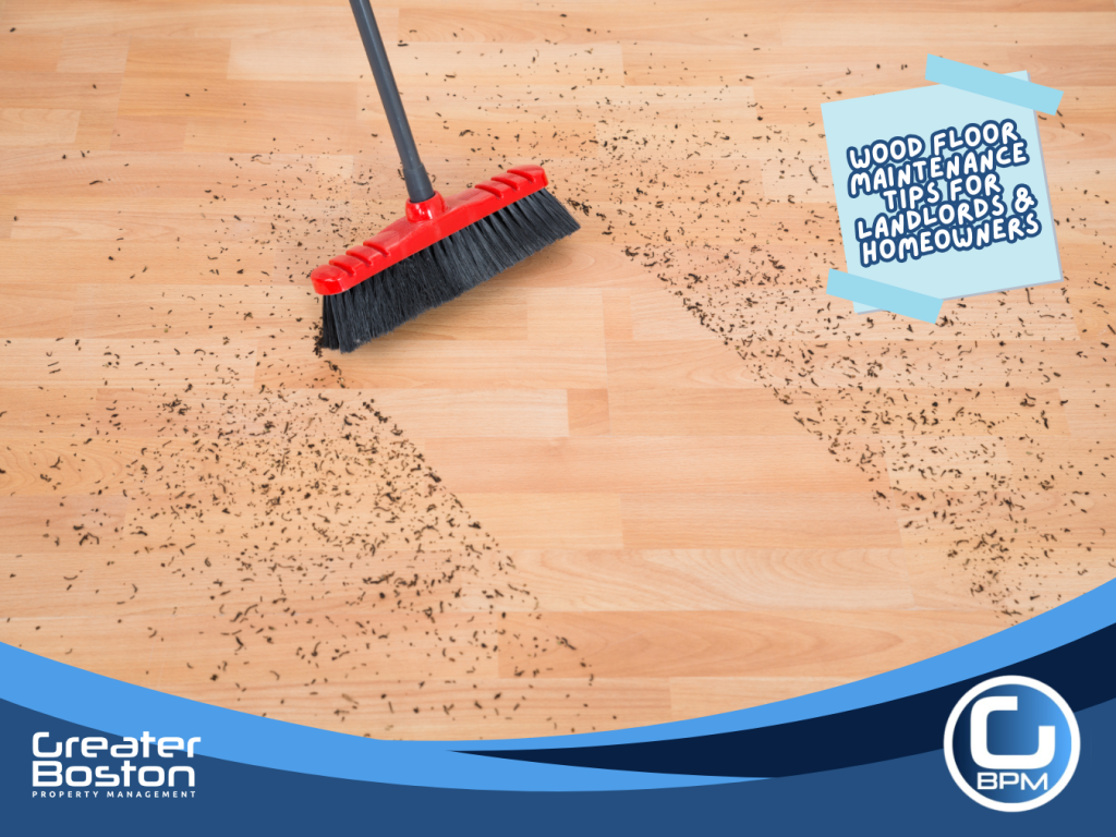 Person sweeping dust and dirt from wooden floor with broom to prevent scratches and damage