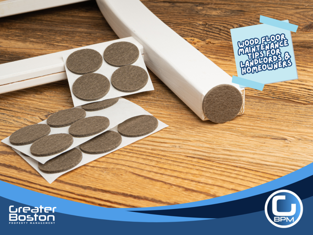 Felt pads on chair legs to protect hardwood floors from scratches and damage