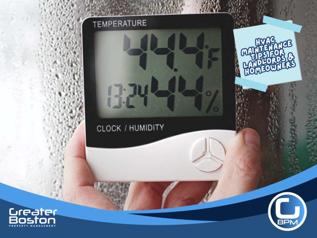 Digital humidity and temperature monitor showing 44% humidity for HVAC maintenance