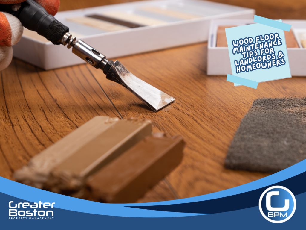 Repairing scratches on hardwood floor using wood filler and repair kit tools