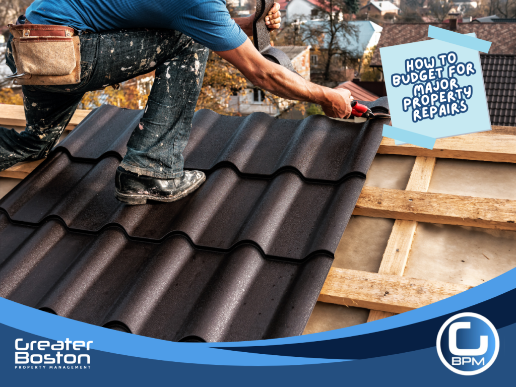 Contractor repairing roof tiles as part of major property repair budgeting for landlords and homeowners