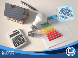 Mini house model with calculator, LED light bulbs, and energy efficiency rating chart for rental property upgrades
