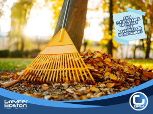 Fall maintenance checklist for landlords and homeowners with rake and autumn leaves in yard