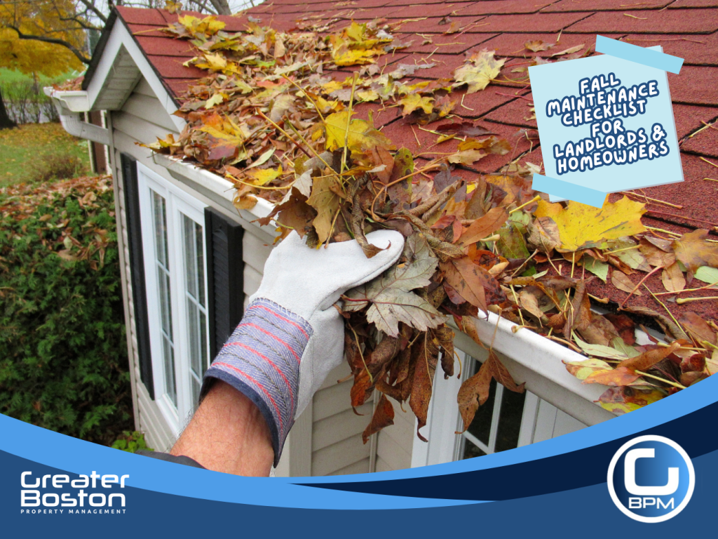 Landlord cleaning fall leaves from roof and gutters during seasonal property maintenance