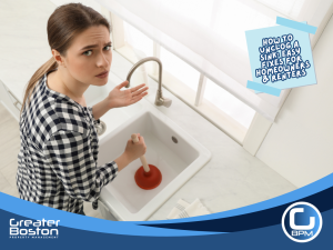 Frustrated woman trying to unclog a kitchen sink with a plunger at home