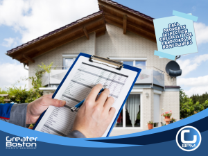 Landlord inspecting rental property exterior with clipboard checklist during fall maintenance