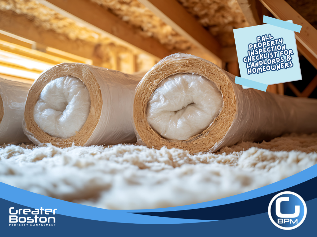 Attic insulation rolls prepared for home energy inspection during fall property maintenance