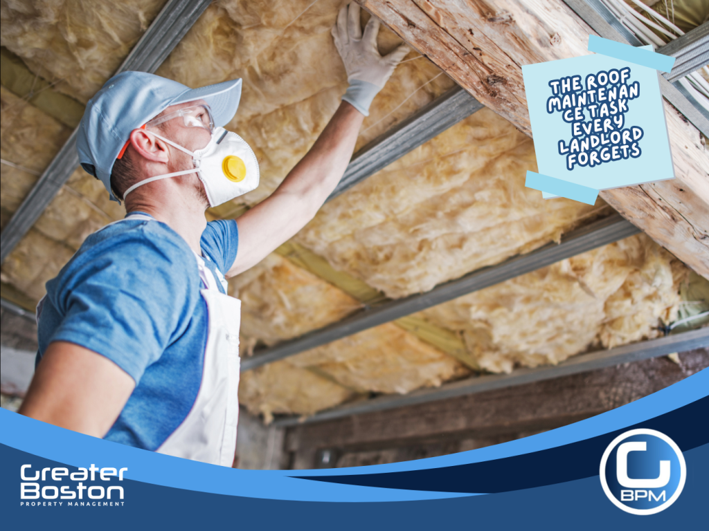 Landlord inspecting roof insulation and attic for moisture damage during property maintenance