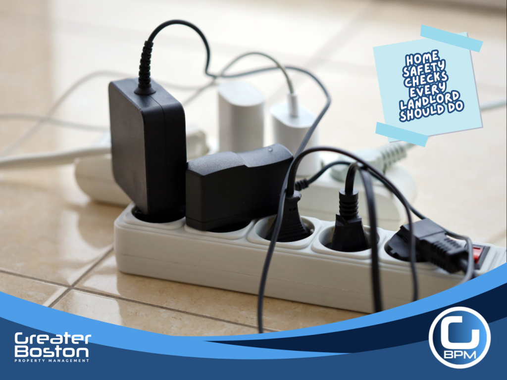 Overloaded power strip showing electrical safety risk during property inspection
