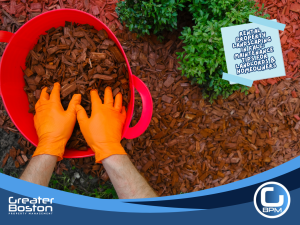 Landlord adding mulch around bushes during fall landscaping maintenance at rental property