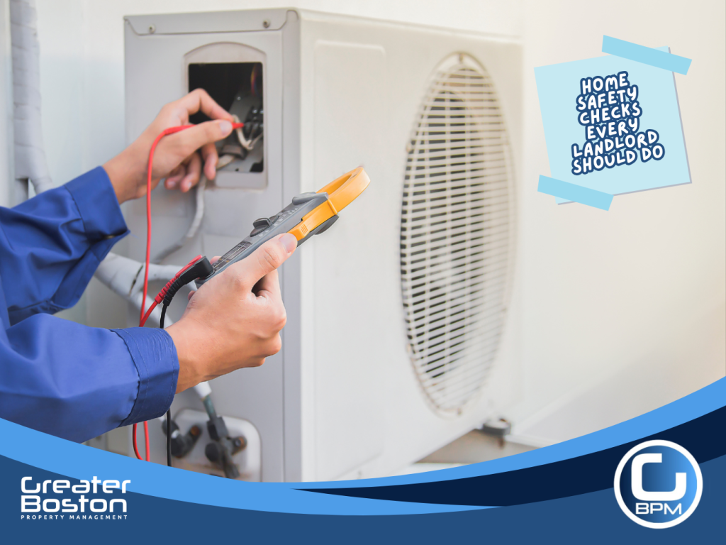 Technician testing HVAC system with multimeter during property maintenance inspection