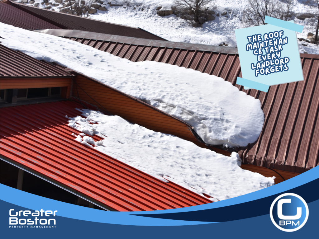 Ice buildup on a metal roof causing potential leaks and winter damage