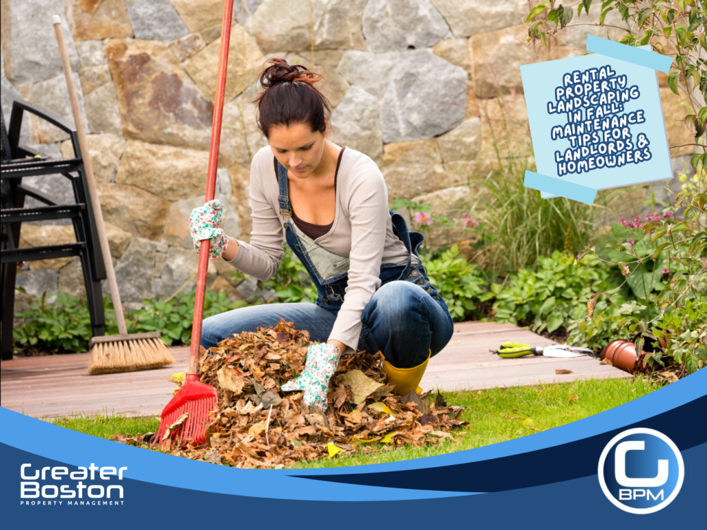 Landlord raking and collecting fallen leaves during fall yard maintenance at a rental property