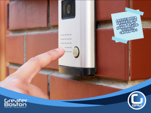 Smart video doorbell camera installed on brick wall for rental property security