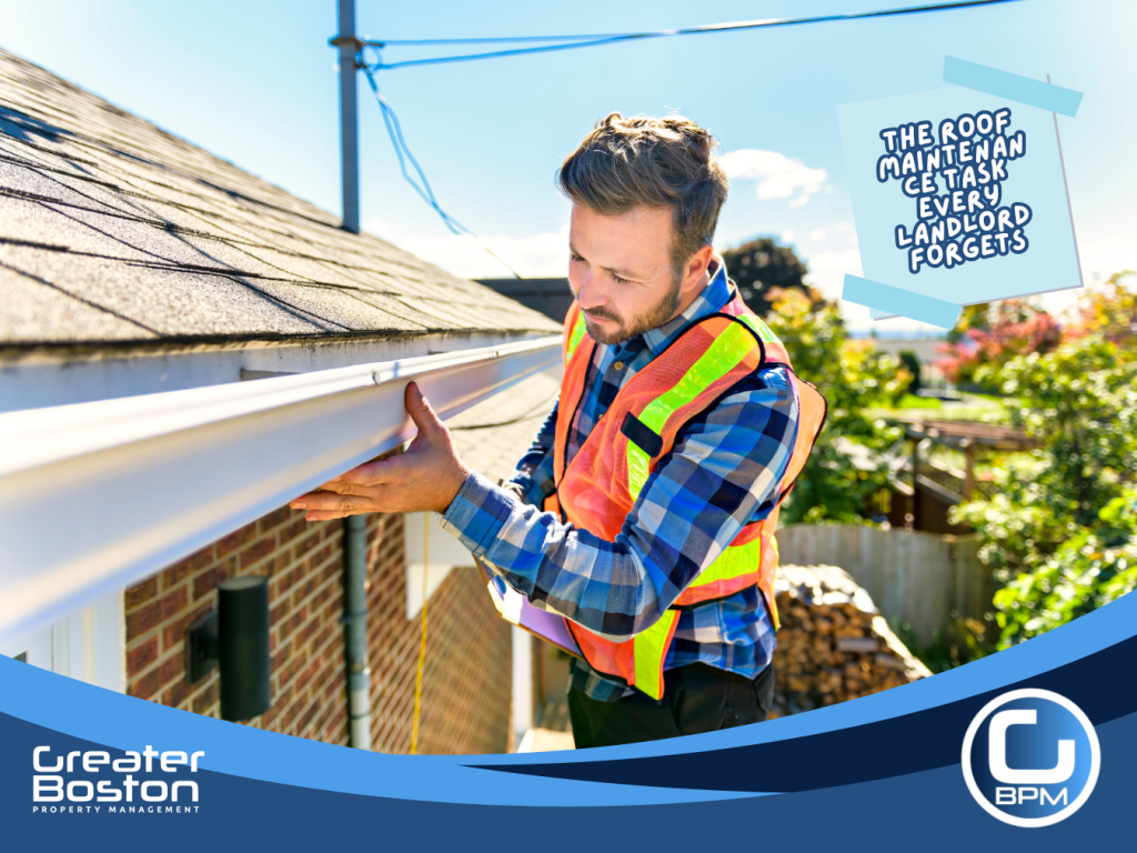 Property manager inspecting roof gutters during seasonal maintenance to prevent leaks