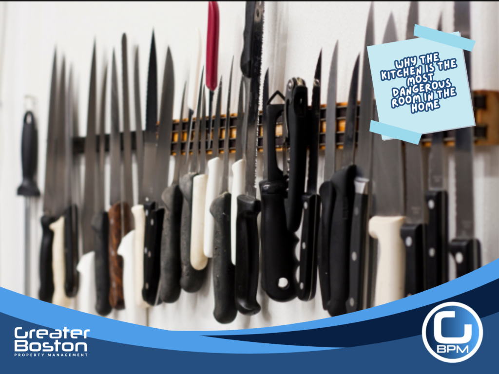 Row of kitchen knives stored on a magnetic strip, illustrating sharp object hazards and unsafe storage risks in rental property kitchens.