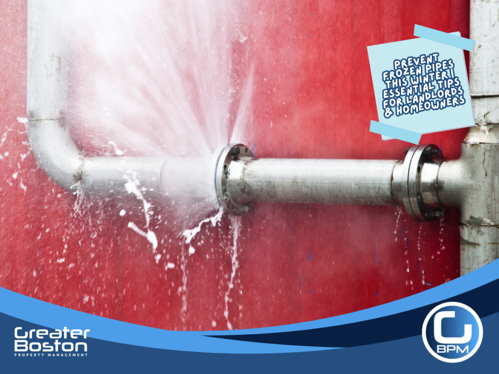 Burst pipe spraying water inside a building, showing emergency plumbing damage that requires immediate landlord response.