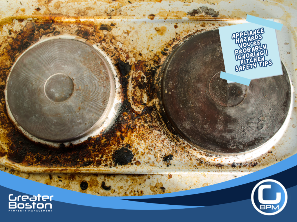 Dirty stovetop with heavy grease buildup showing a major kitchen fire hazard landlords and homeowners often overlook.