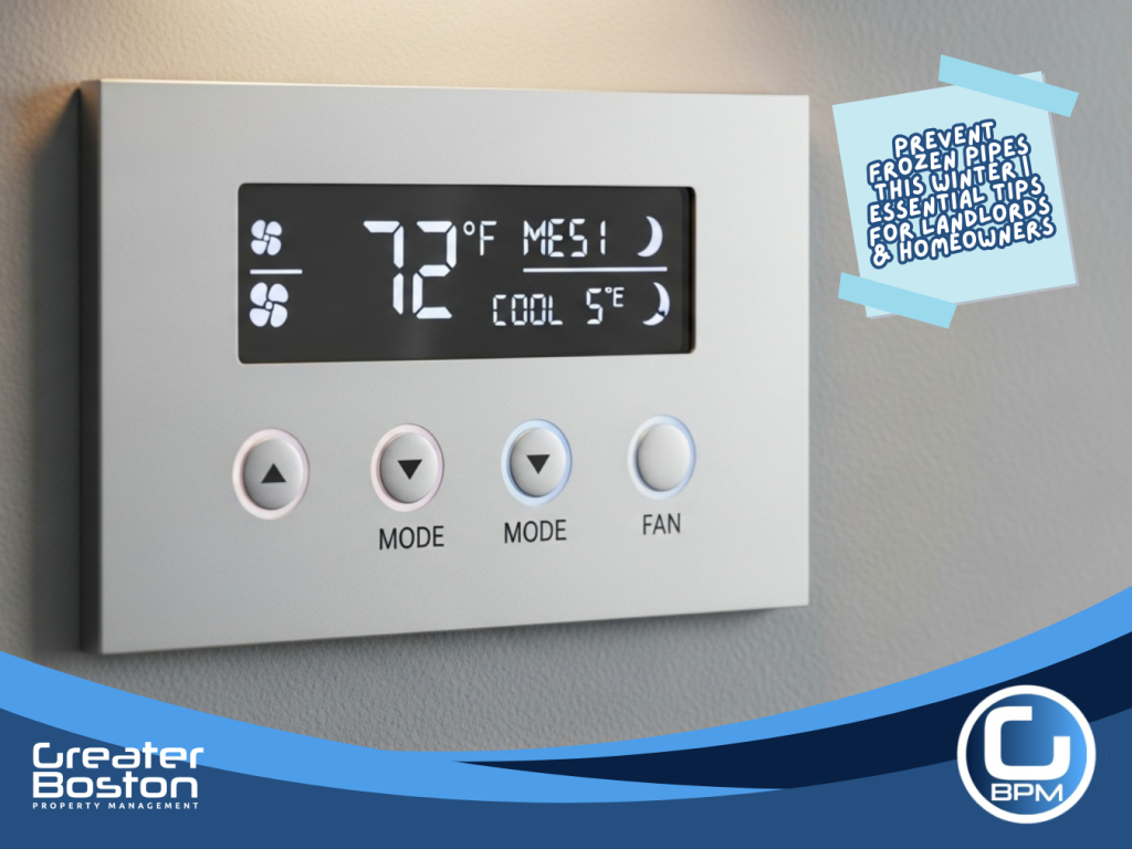 Thermostat set to 55 degrees Fahrenheit to help prevent frozen pipes during winter in rental properties