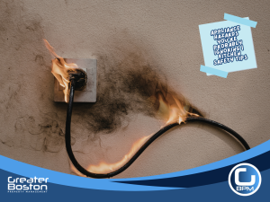 Electrical outlet fire caused by a damaged appliance cord, showing a serious kitchen hazard landlords and homeowners often overlook.
