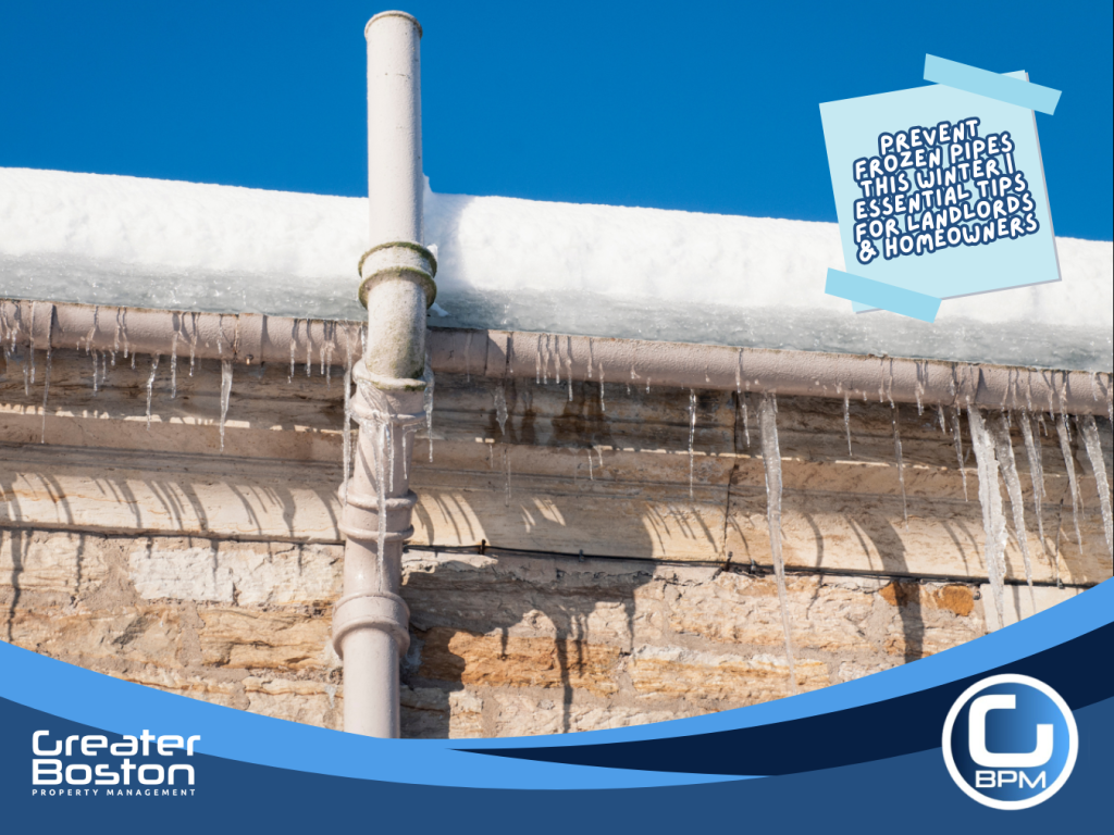 Frozen exterior drain pipe and roofline showing areas where plumbing is most likely to freeze during winter.
