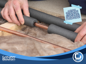 Insulating exposed copper pipes to prevent frozen and burst plumbing during winter property maintenance.