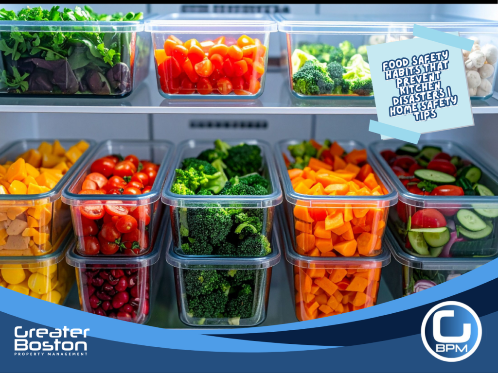 Proper food storage in a refrigerator with sealed containers to prevent contamination, odors, and foodborne illness in rental kitchens.