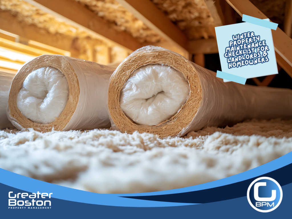 Attic insulation installed to seal drafts and improve energy efficiency during winter property maintenance.