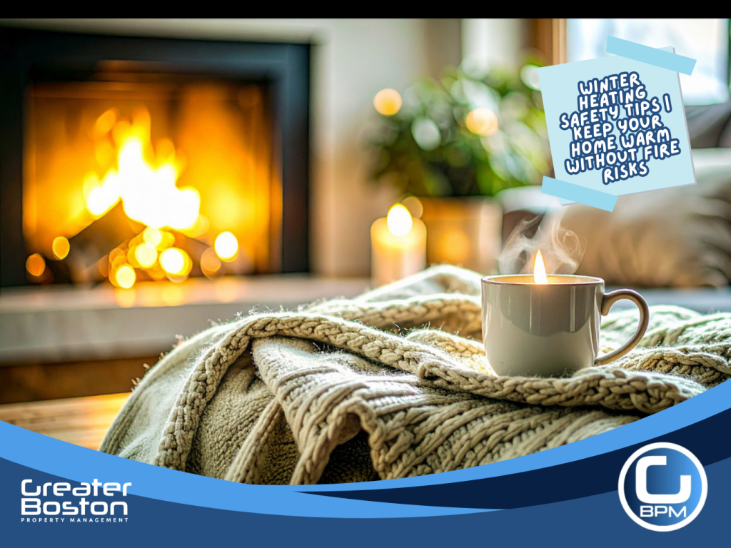 Candle and fireplace in living room highlighting tenant heating safety rules and fire risk prevention in rental properties during winter.