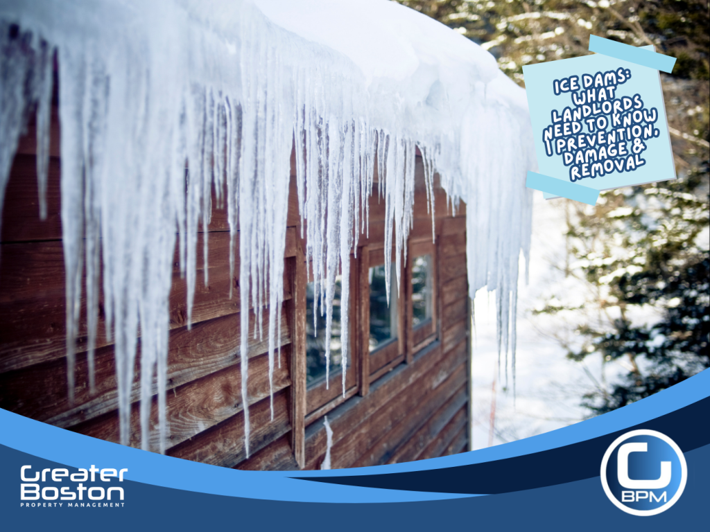 Long icicles forming along a snow-covered roof edge, early warning signs of ice dams on rental property.