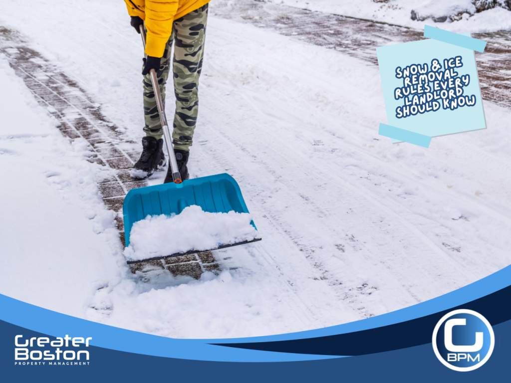 Landlord clearing snow from apartment walkway while tenant shovels driveway at Massachusetts rental property during winter