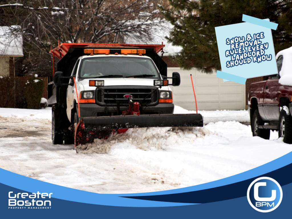 professional snow removal contractor clearing apartment building walkway during winter storm in Massachusetts