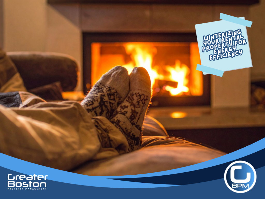 Tenant relaxing near fireplace showing warm and energy efficient rental property during winter.