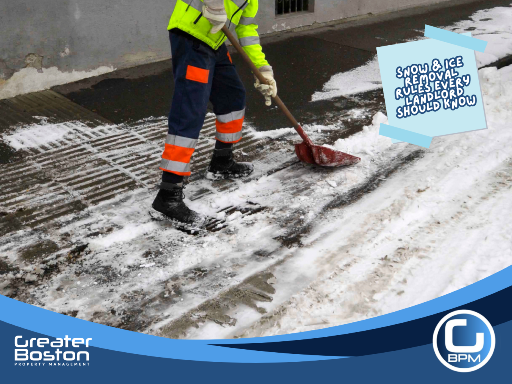 landlord clearing snow and applying ice melt on rental property walkway during winter storm in Massachusetts