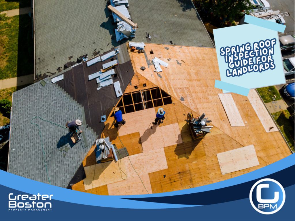 Aerial view of residential roof inspection showing workers assessing roof condition and shingle damage during spring maintenance.
