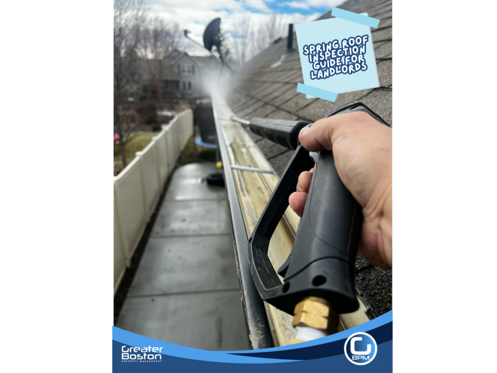 Cleaning roof gutters with a pressure washer during spring inspection to ensure proper drainage and prevent water damage.