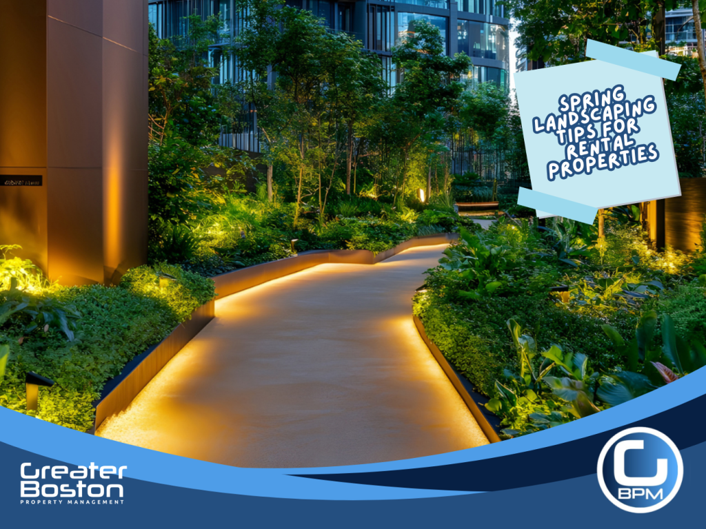Well-lit garden walkway with landscape lighting improving outdoor safety and curb appeal for rental properties.