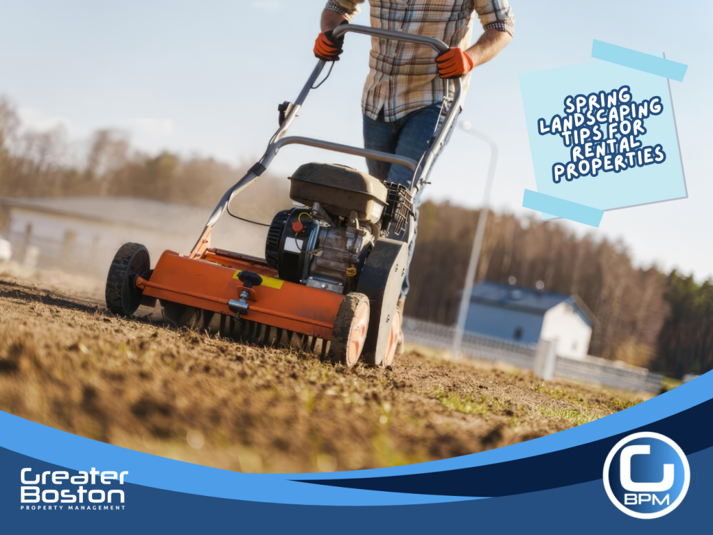 Lawn aeration machine restoring grass health after winter as part of spring landscaping maintenance for rental properties.