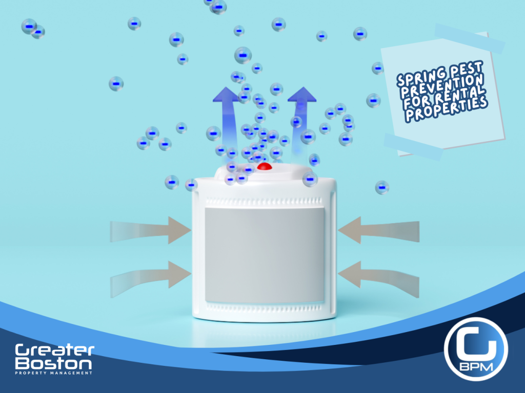 Dehumidifier reducing indoor moisture and humidity to prevent pests in rental property during spring maintenance.