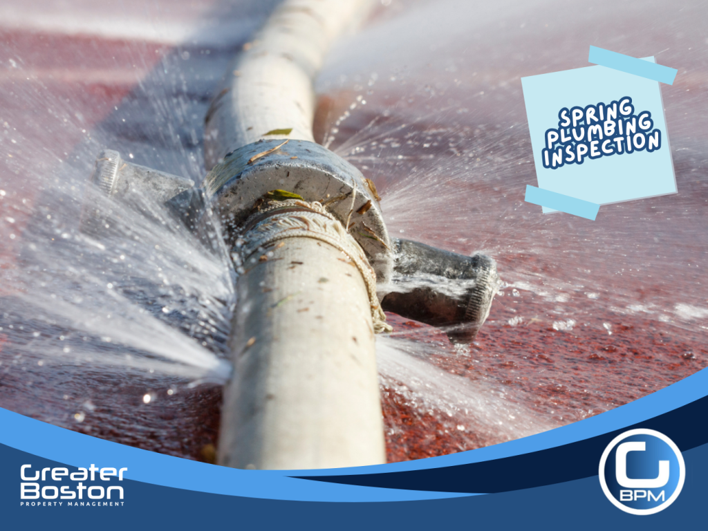Leaking outdoor hose bib pipe spraying water due to freeze damage, highlighting need for spring plumbing inspection in rental properties.