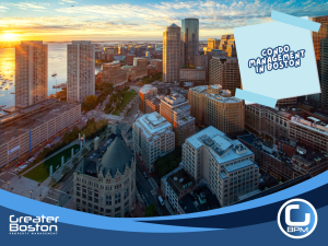 Aerial view of Boston skyline at sunset highlighting downtown condos and waterfront properties for condo management guide 2026