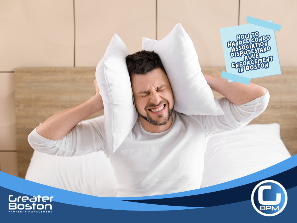 Frustrated Boston condo resident covering ears with pillows due to noise complaint illustrating common condo association disputes and rule enforcement challenges in 2026