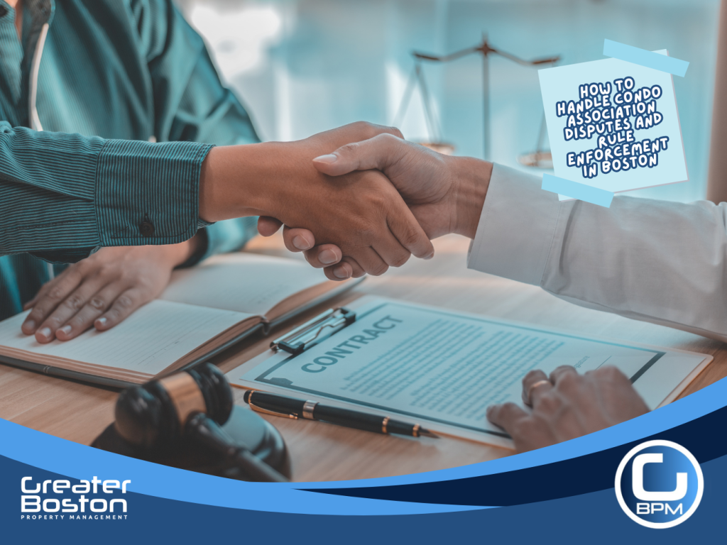Boston condo association trustee and property manager shaking hands over legal contract representing professional dispute resolution and rule enforcement services in 2026