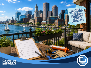 Boston condo owner's summer maintenance checklist with tools on waterfront balcony overlooking Boston Harbor skyline representing 12 essential condo maintenance tasks to complete before July 2026