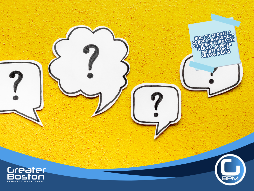Multiple question mark speech bubbles representing the critical questions Boston condo association trustees must ask condo management companies before signing a contract in 2026