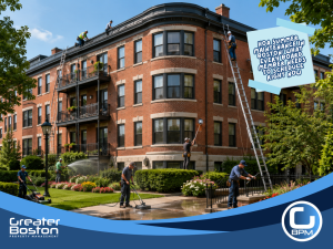 Multiple vendors completing HOA summer maintenance on Boston brick residential building including roof inspection, window cleaning, pressure washing, and landscaping scheduled by board members in 2026
