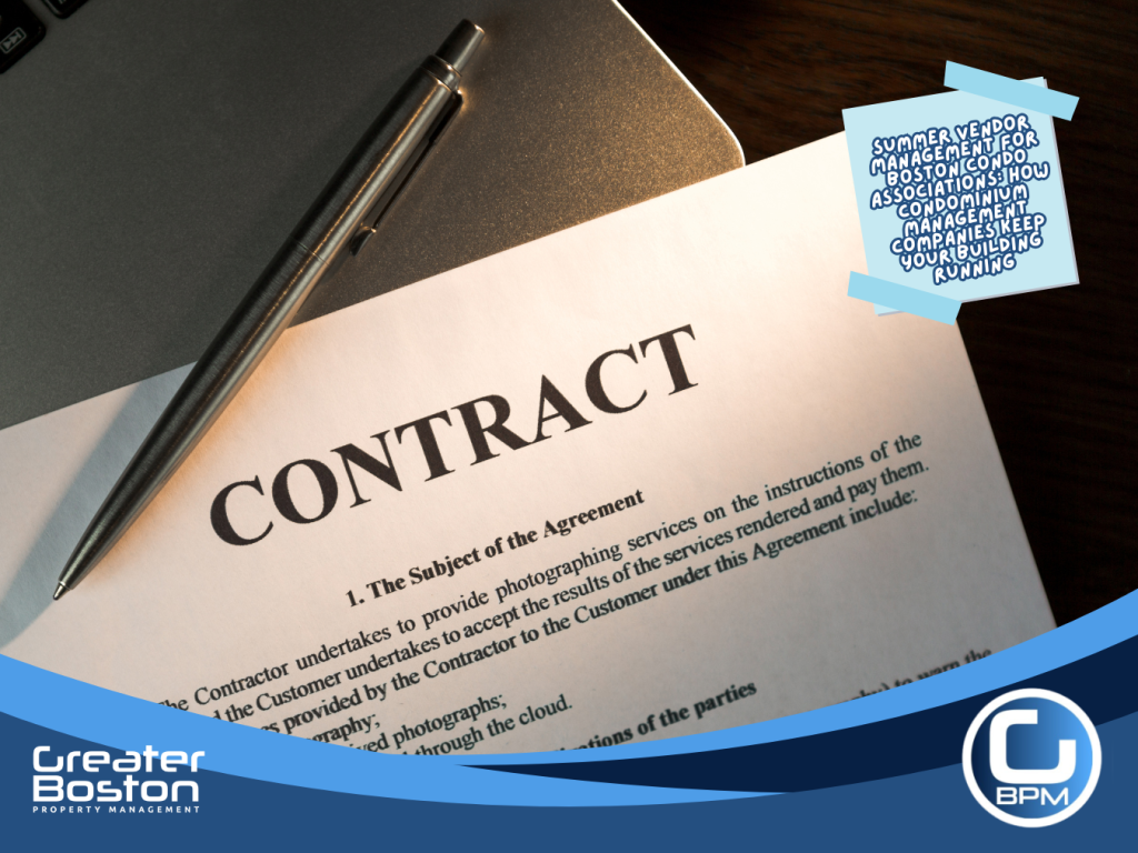 Formal vendor contract document with pen representing how professional condominium management companies in Boston write association-protective contracts with enforceable scope change order and termination clauses that self-managed boards never access in 2026